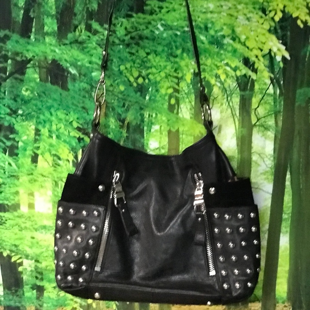 B Makowsky Black Leather & Silver Stud Crossbody.